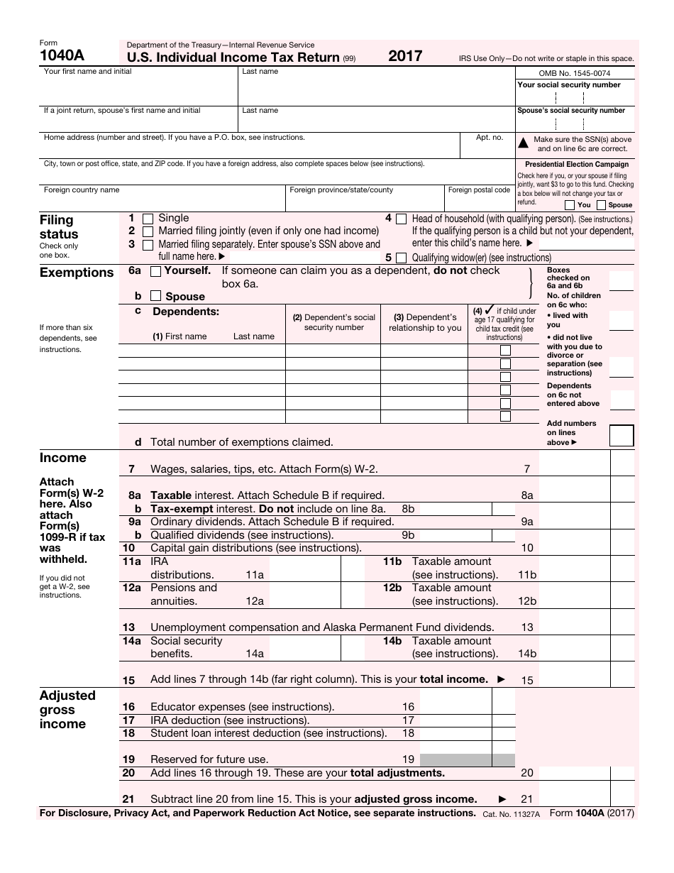 Irs Form 1040a 2017 U S Individual Income Tax Return Print Big 