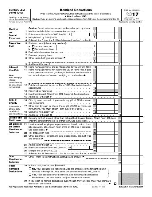 IRS Form 1040 Schedule A 2017 Printable Pdf