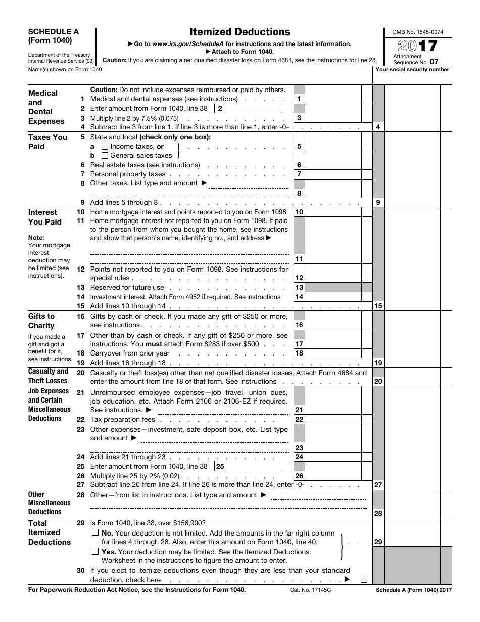 Irs Form 1040 Schedule A Download Fillable Pdf Or Fill Online Itemized