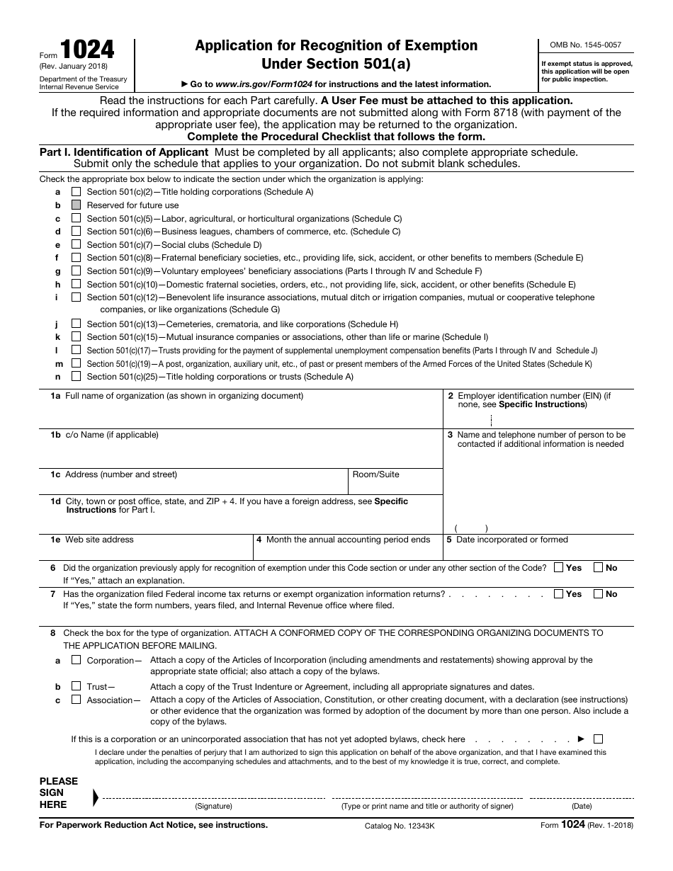 IRS Form 1024 Application for Recognition of Exemption Under Section 501(A), Page 1