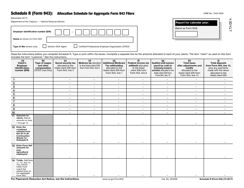 IRS Form 943 Schedule R  Printable Pdf