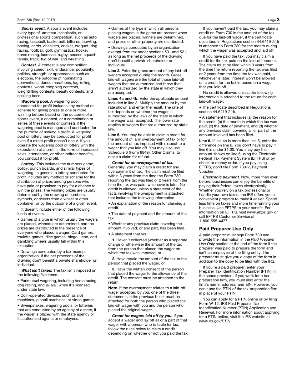 IRS Form 730 Monthly Tax Return for Wagers, Page 3