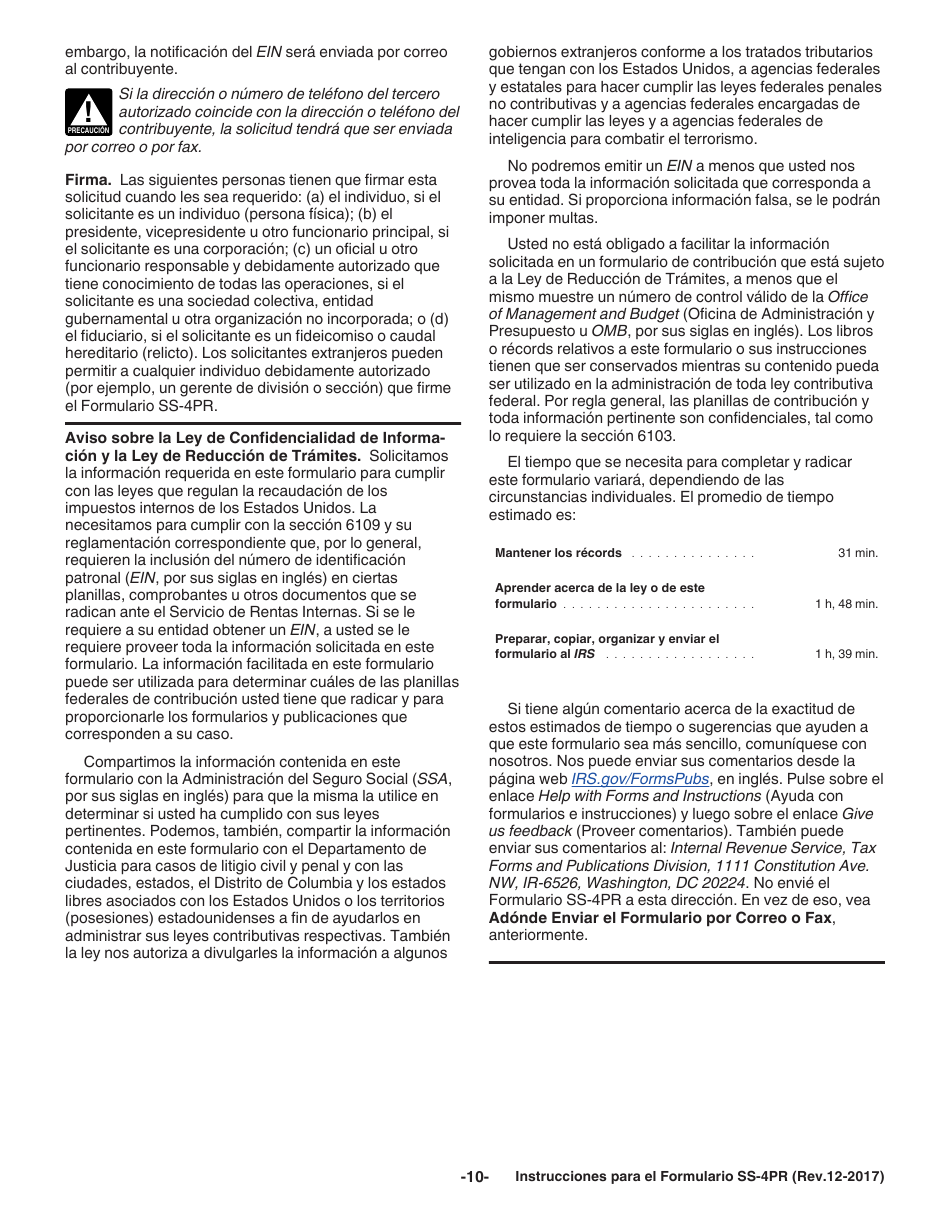 Instrucciones para IRS Formulario SS-4PR Solicitud De Numero De Identificacion Patronal (Ein) (Puerto Rican Spanish), Page 10