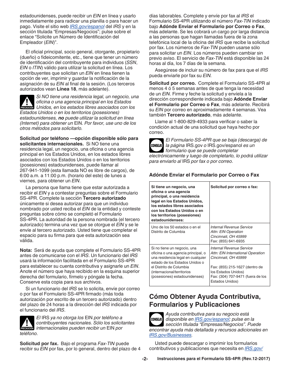Instrucciones para IRS Formulario SS-4PR Solicitud De Numero De Identificacion Patronal (Ein) (Puerto Rican Spanish), Page 2