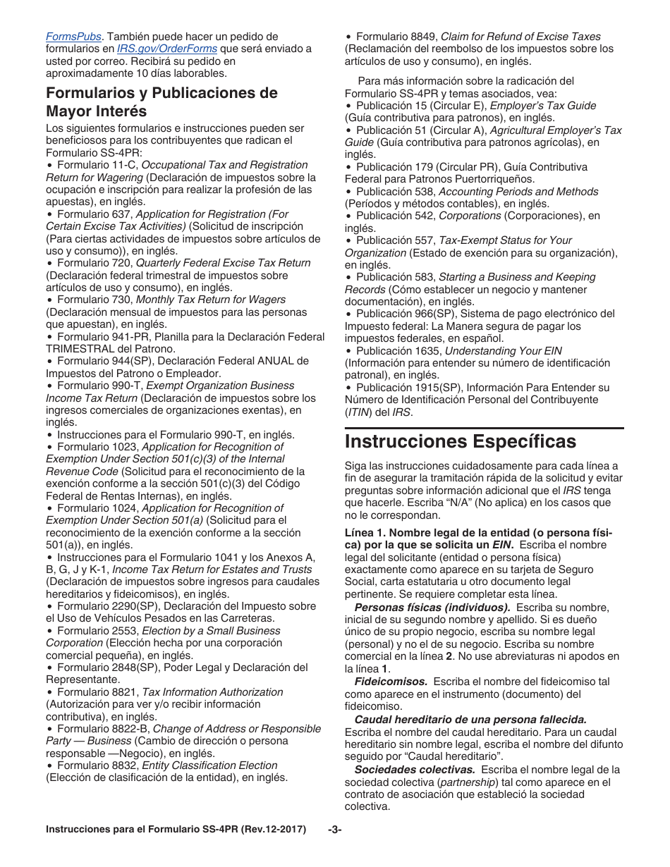 Instrucciones para IRS Formulario SS-4PR Solicitud De Numero De Identificacion Patronal (Ein) (Puerto Rican Spanish), Page 3