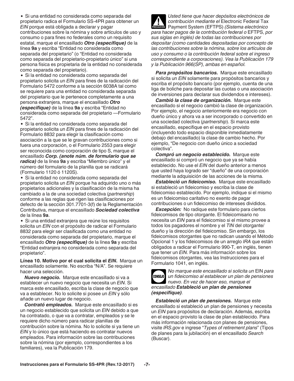 Instrucciones para IRS Formulario SS-4PR Solicitud De Numero De Identificacion Patronal (Ein) (Puerto Rican Spanish), Page 7