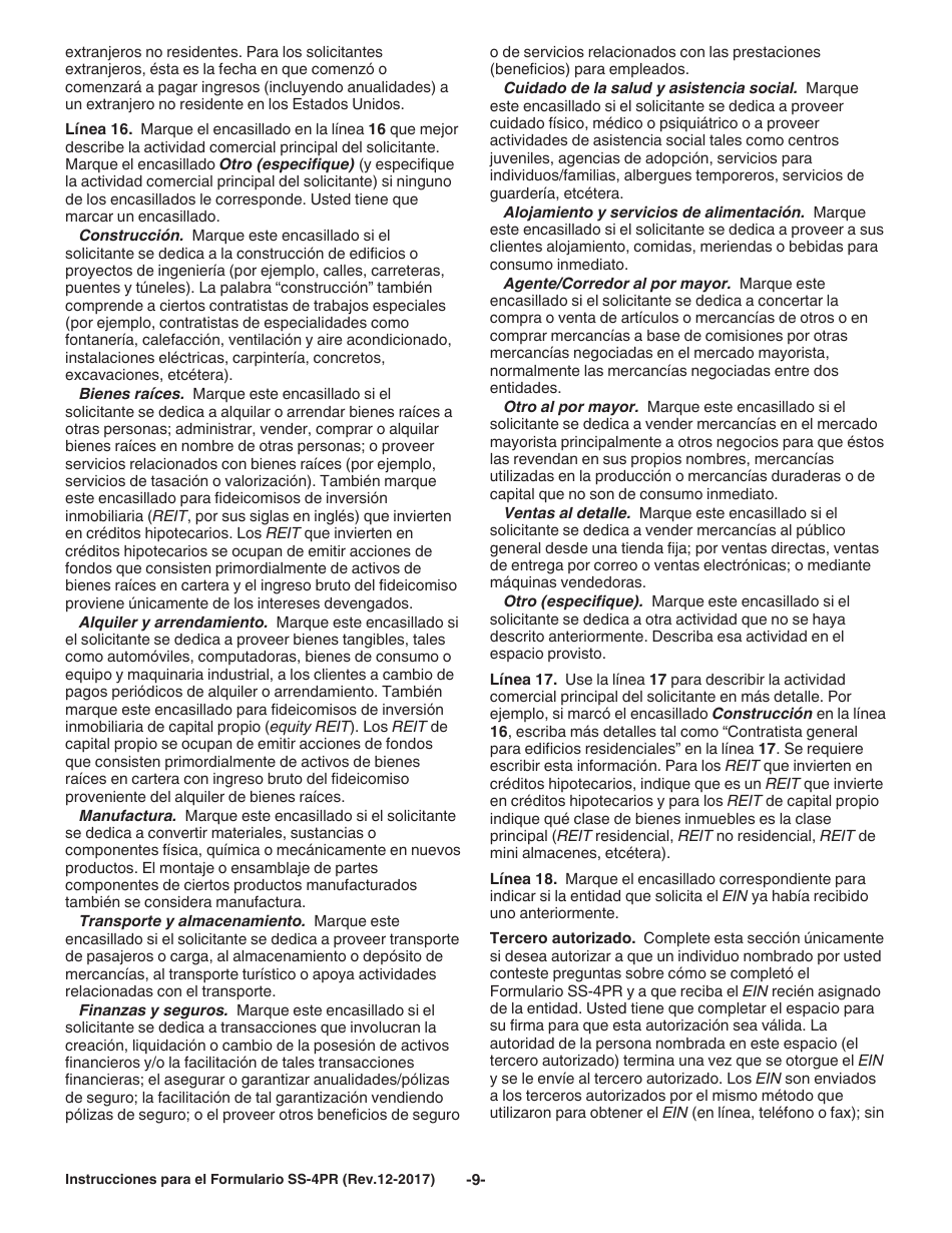 Instrucciones para IRS Formulario SS-4PR Solicitud De Numero De Identificacion Patronal (Ein) (Puerto Rican Spanish), Page 9