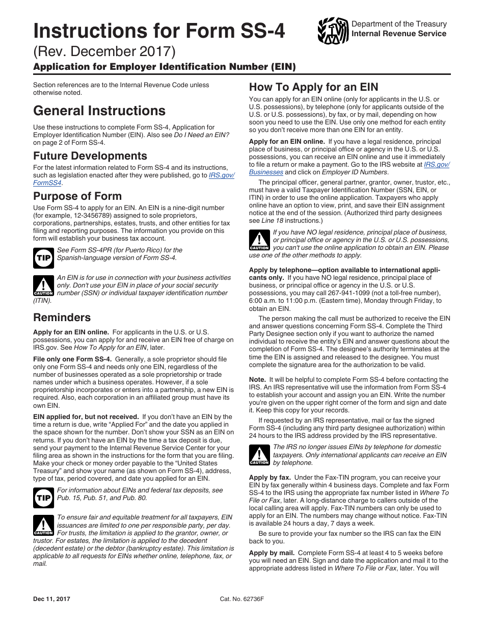 Instructions for IRS Form SS-4 Application for Employer Identification Number (Ein), Page 1