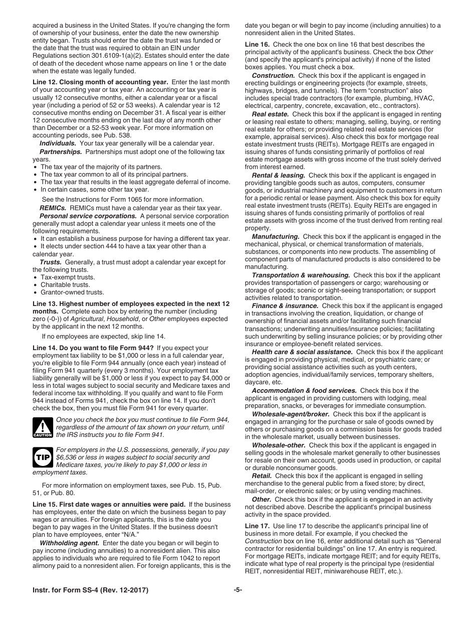 Download Instructions for IRS Form SS4 Application for Employer