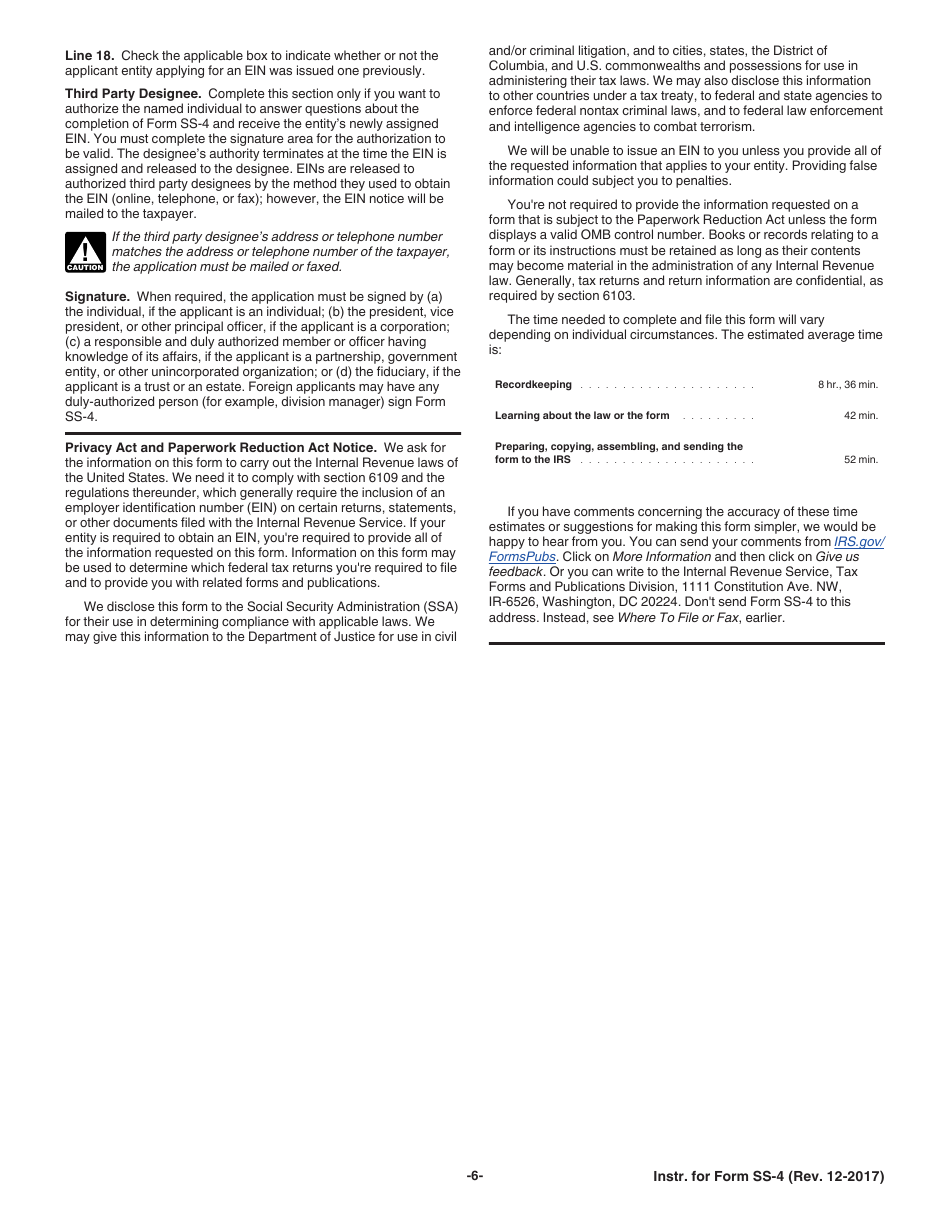 Instructions for IRS Form SS-4 Application for Employer Identification Number (Ein), Page 6