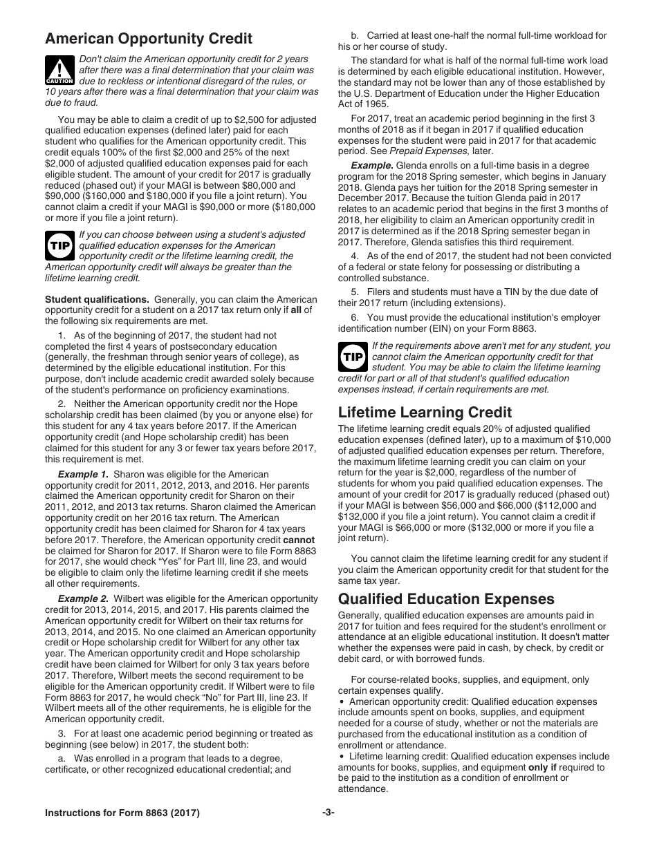 Instructions for IRS Form 8863 Education Credits (American Opportunity and Lifetime Learning Credits), Page 3