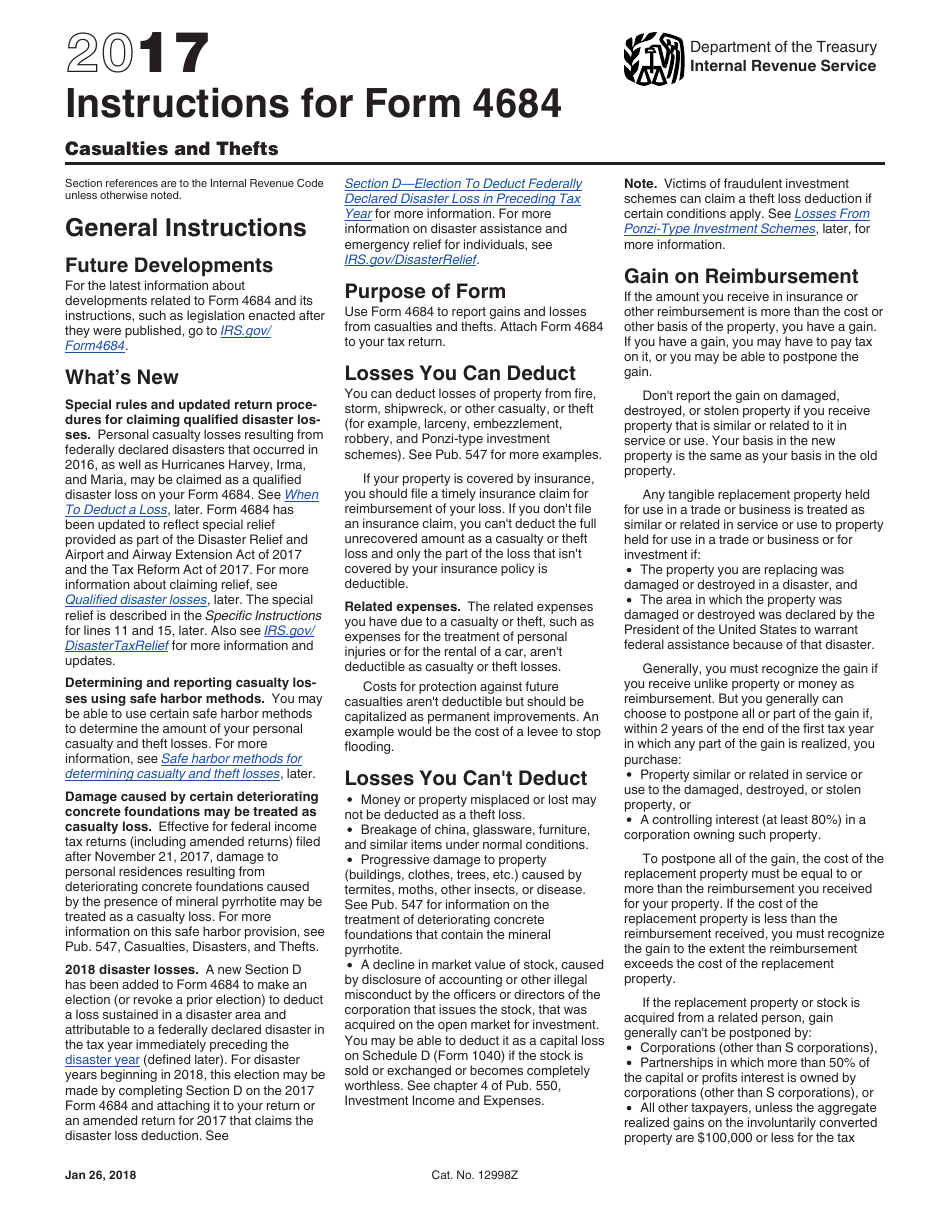 Download Instructions for IRS Form 4684 Casualties and Thefts PDF, 2017 ...