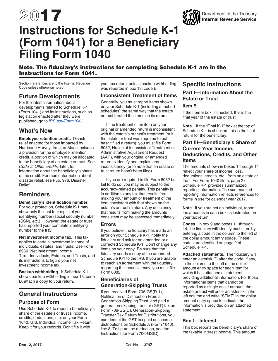 Download Instructions for IRS Form 1041 Schedule K-1 Beneficiary's ...