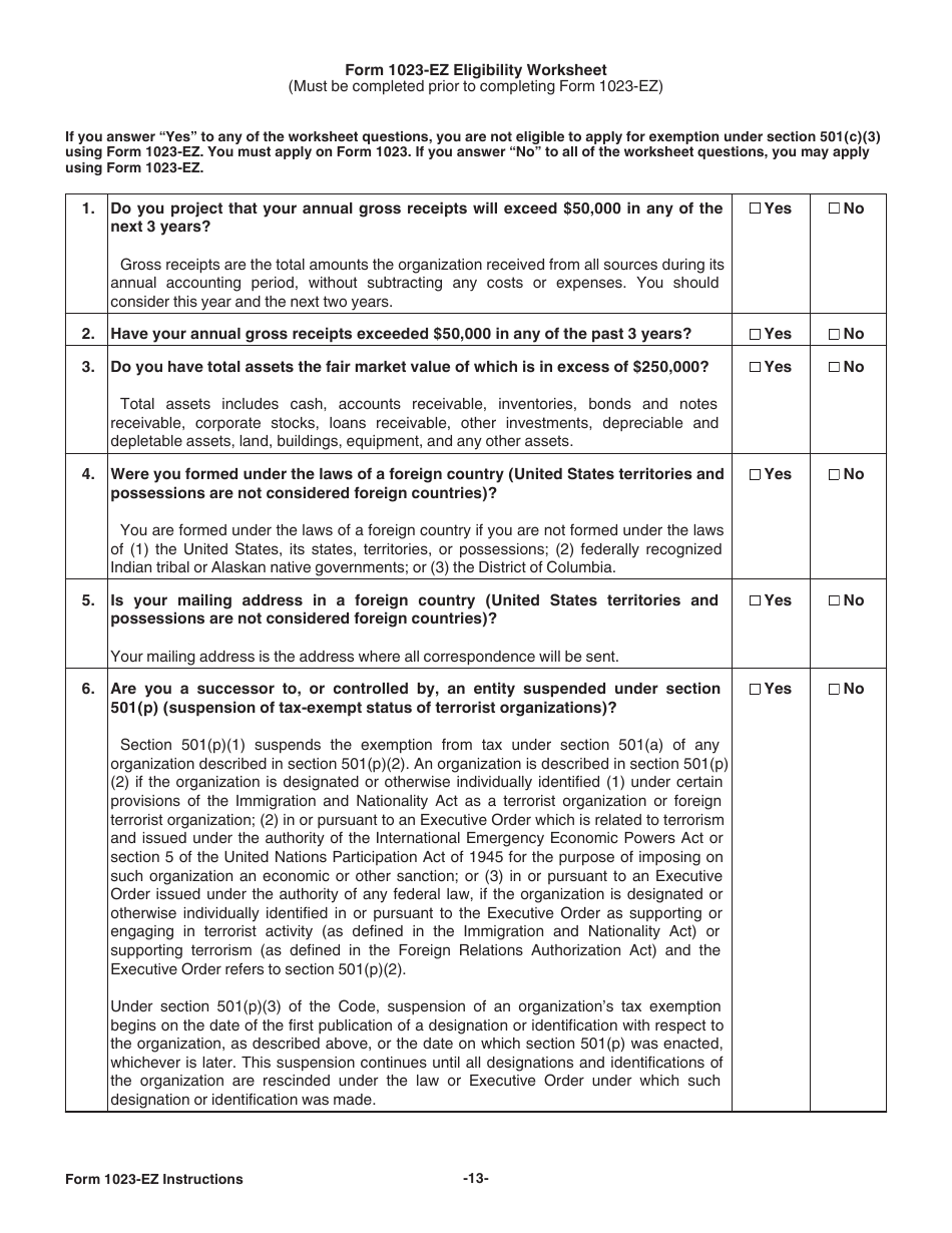 Instructions for IRS Form 1023-EZ Streamlined Application for Recognition of Exemption Under Section 501(C)(3) of the Internal Revenue Code, Page 13