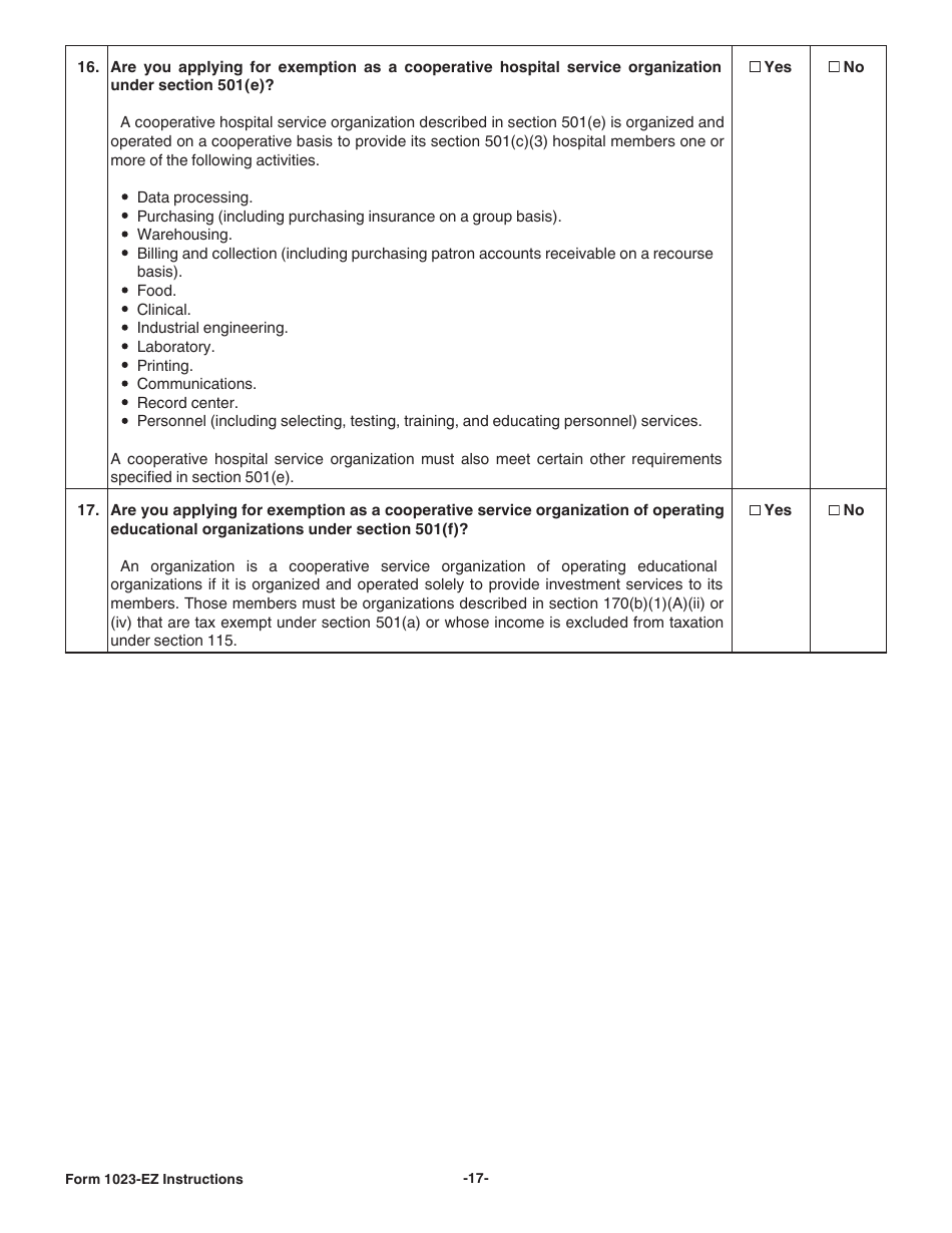 Instructions for IRS Form 1023-EZ Streamlined Application for Recognition of Exemption Under Section 501(C)(3) of the Internal Revenue Code, Page 17