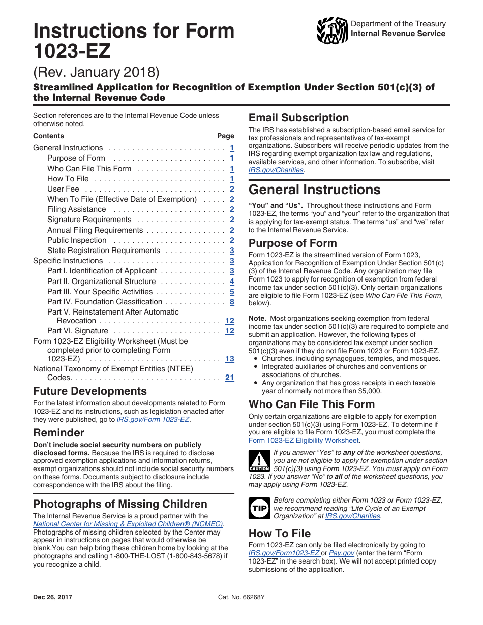 Instructions for IRS Form 1023-EZ Streamlined Application for Recognition of Exemption Under Section 501(C)(3) of the Internal Revenue Code, Page 1