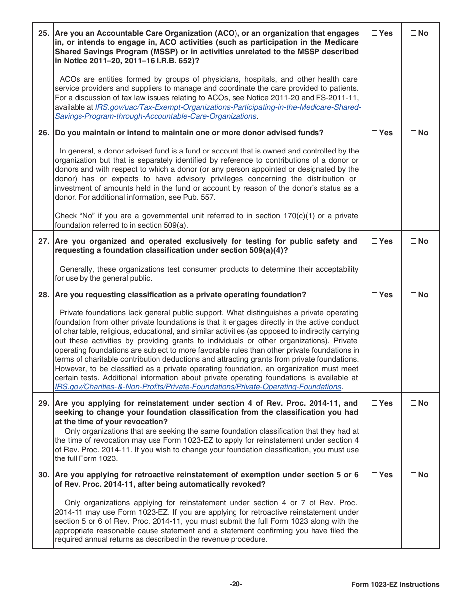 Instructions for IRS Form 1023-EZ Streamlined Application for Recognition of Exemption Under Section 501(C)(3) of the Internal Revenue Code, Page 20