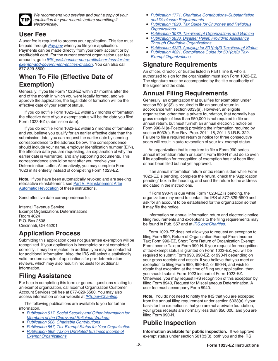 Instructions for IRS Form 1023-EZ Streamlined Application for Recognition of Exemption Under Section 501(C)(3) of the Internal Revenue Code, Page 2