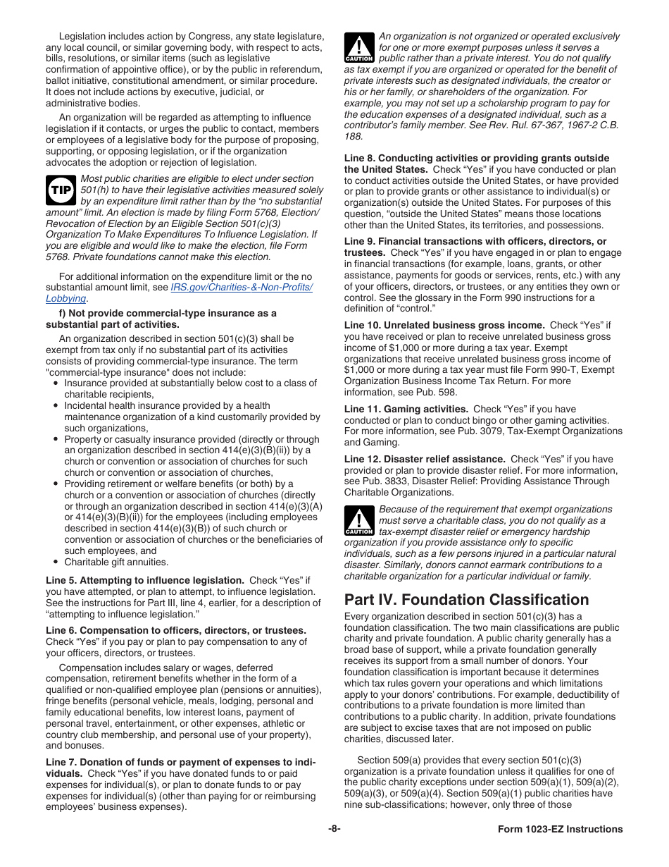 Instructions for IRS Form 1023-EZ Streamlined Application for Recognition of Exemption Under Section 501(C)(3) of the Internal Revenue Code, Page 8
