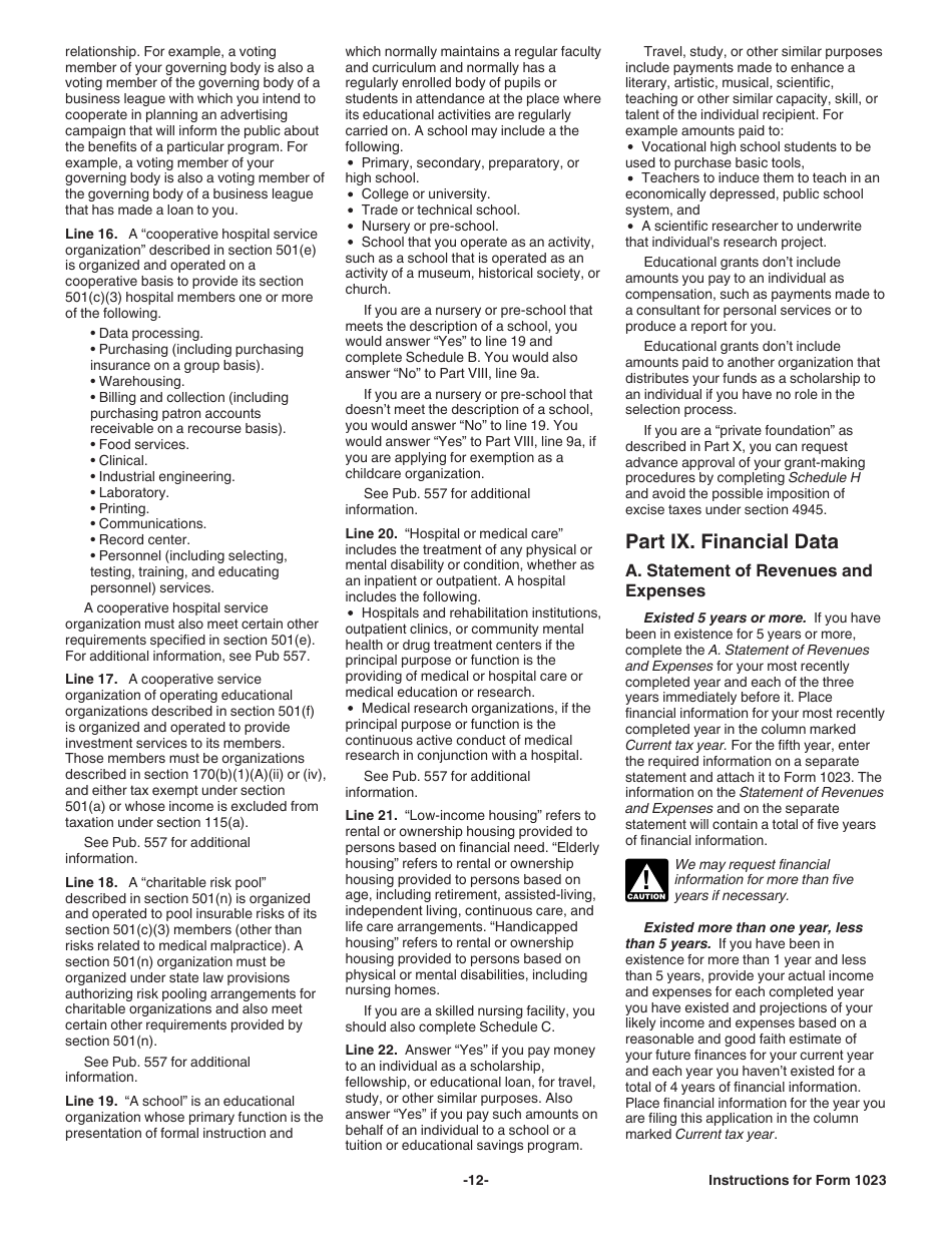 Instructions for IRS Form 1023 Application for Recognition of Exemption Under Section 501(C)(3) of the Internal Revenue Code, Page 12