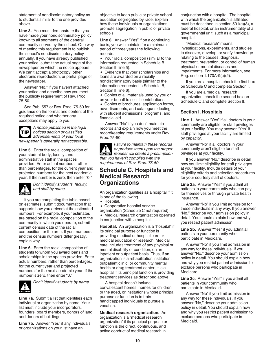 Instructions for IRS Form 1023 Application for Recognition of Exemption Under Section 501(C)(3) of the Internal Revenue Code, Page 19