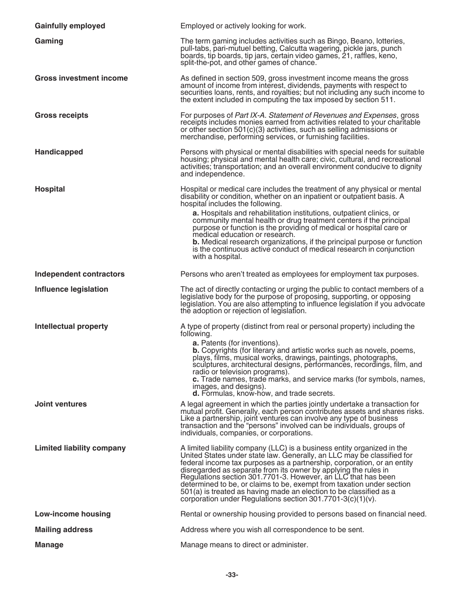 Instructions for IRS Form 1023 Application for Recognition of Exemption Under Section 501(C)(3) of the Internal Revenue Code, Page 33