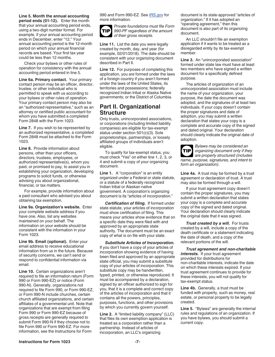 Instructions for IRS Form 1023 Application for Recognition of Exemption Under Section 501(C)(3) of the Internal Revenue Code, Page 7