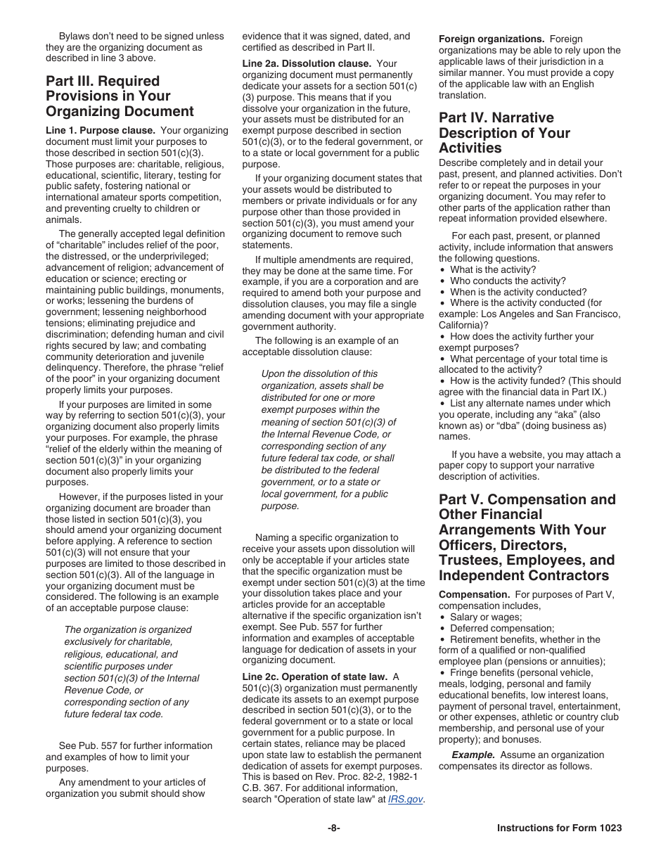 Instructions for IRS Form 1023 Application for Recognition of Exemption Under Section 501(C)(3) of the Internal Revenue Code, Page 8