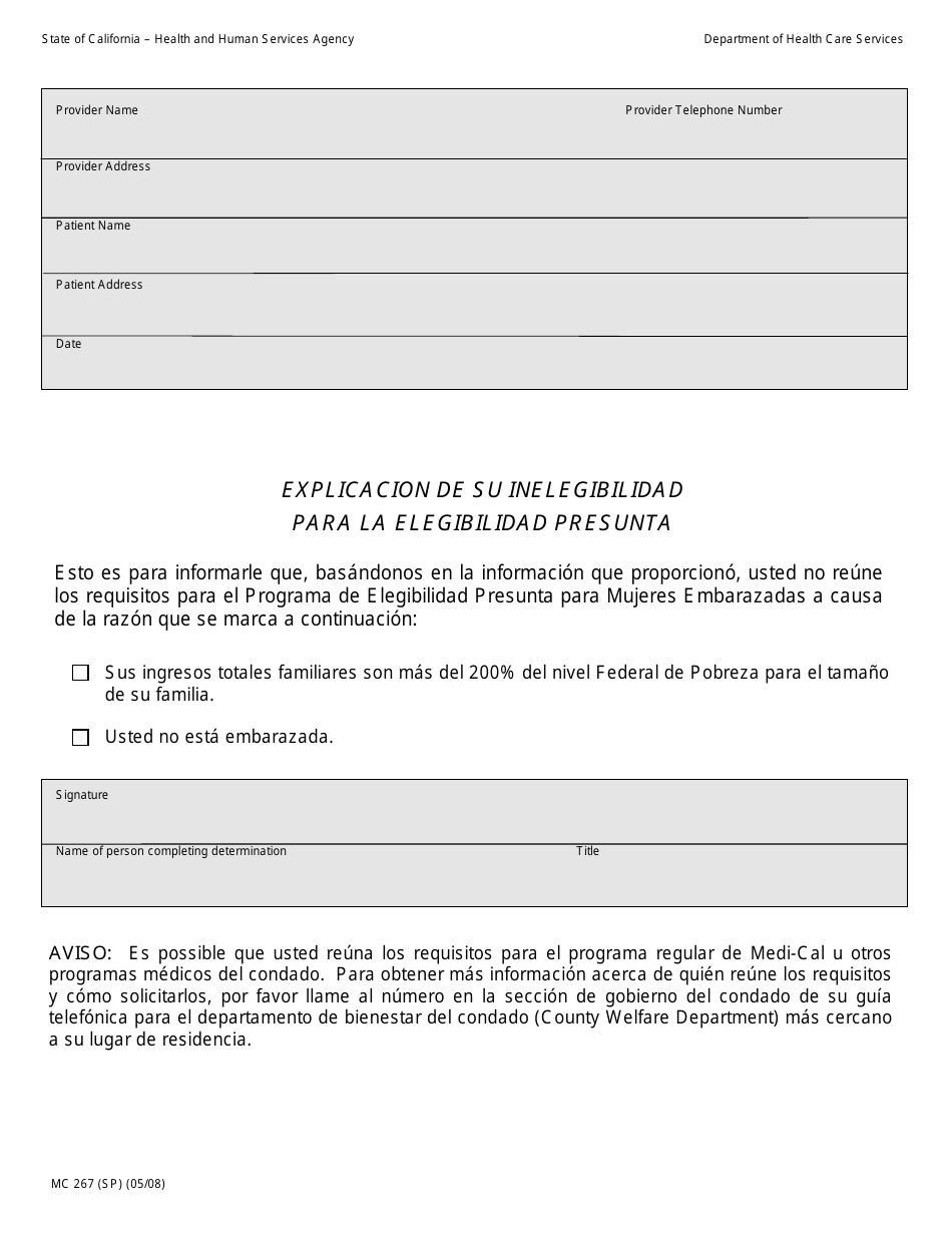 Formulario MC267 (SP) Explicacion De Su Inelegibilidad Para La Elegibilidad Presunta - California (Spanish), Page 1