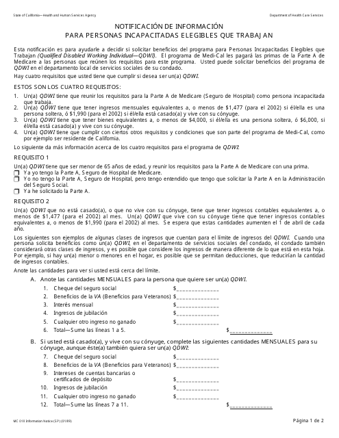 Formulario MC010 Notificacion De Informacion Para Personas Incapacitadas Elegibles Que Trabajan - California (Spanish)