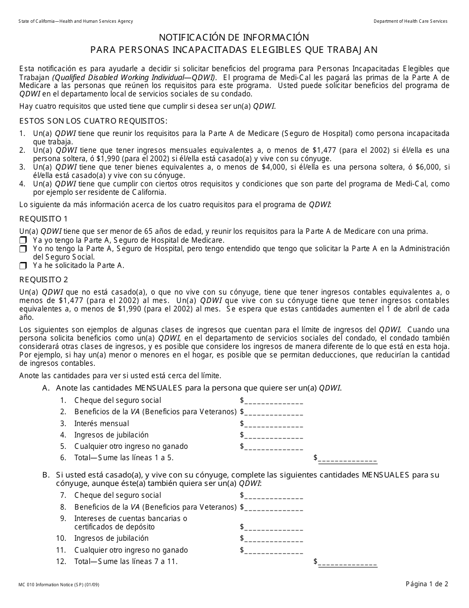 Formulario MC010 Notificacion De Informacion Para Personas Incapacitadas Elegibles Que Trabajan - California (Spanish), Page 1
