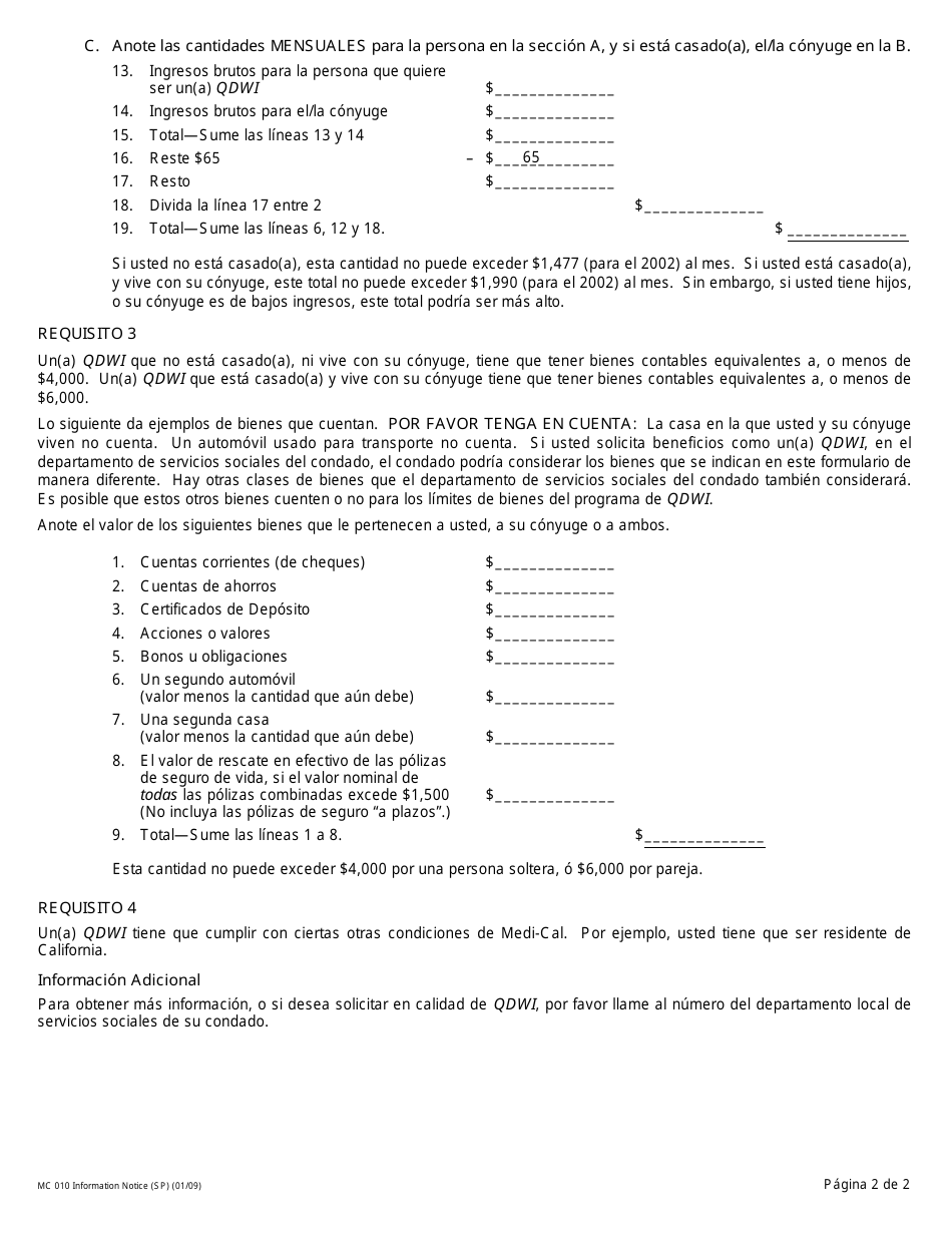 Formulario MC010 Notificacion De Informacion Para Personas Incapacitadas Elegibles Que Trabajan - California (Spanish), Page 2