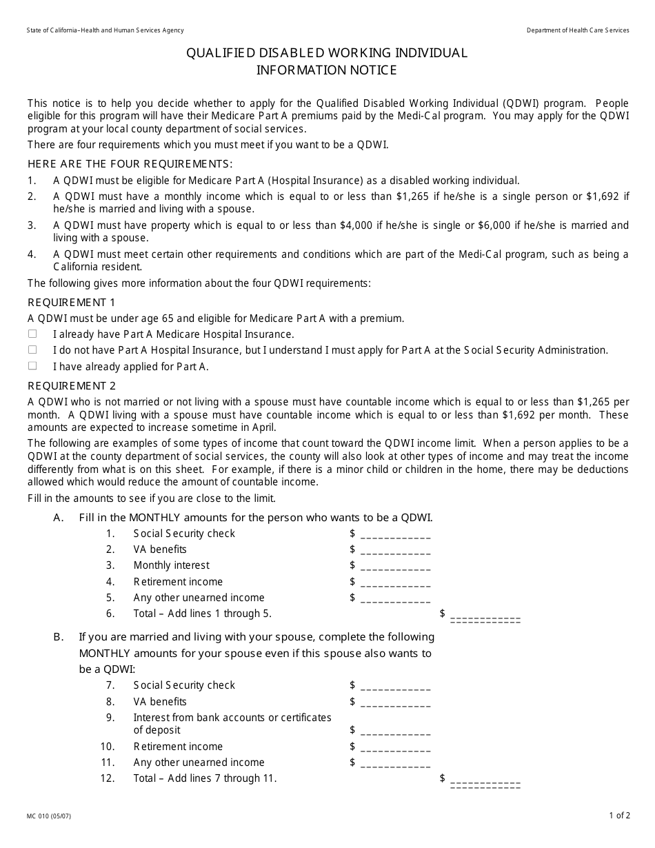 Form MC010 Qualified Disabled Working Individual Information Notice - California, Page 1