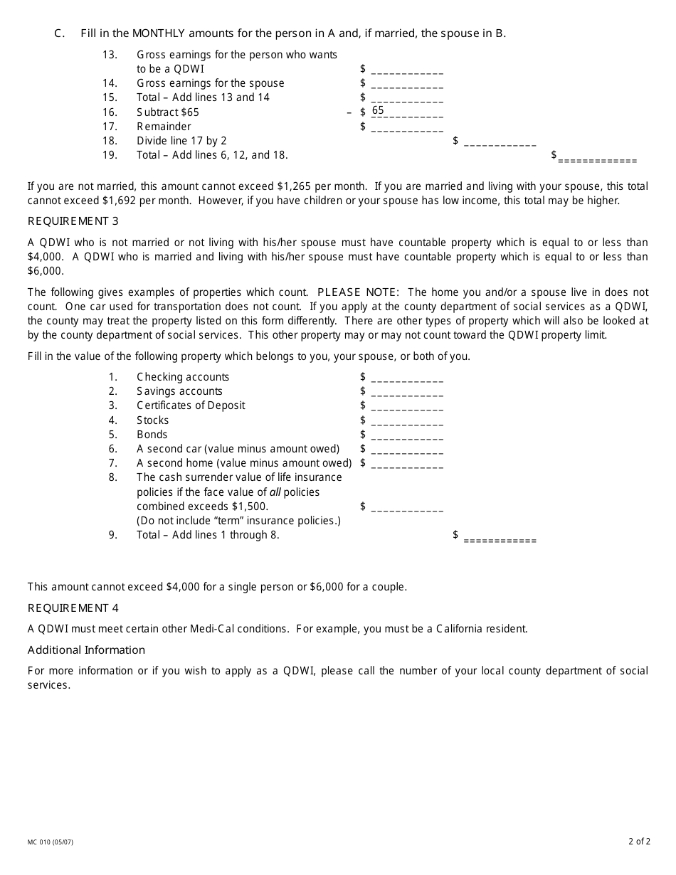 Form MC010 Qualified Disabled Working Individual Information Notice - California, Page 2