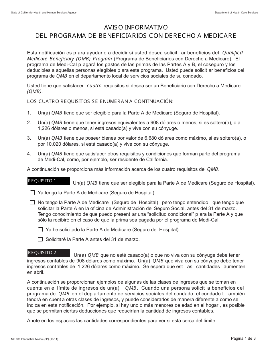 Formulario MC008 Viso Informativo Del Programa De Beneficiarios Con Derecho a Medicare - California (Spanish), Page 1
