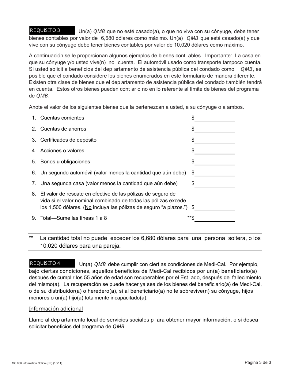 Formulario MC008 Viso Informativo Del Programa De Beneficiarios Con Derecho a Medicare - California (Spanish), Page 3