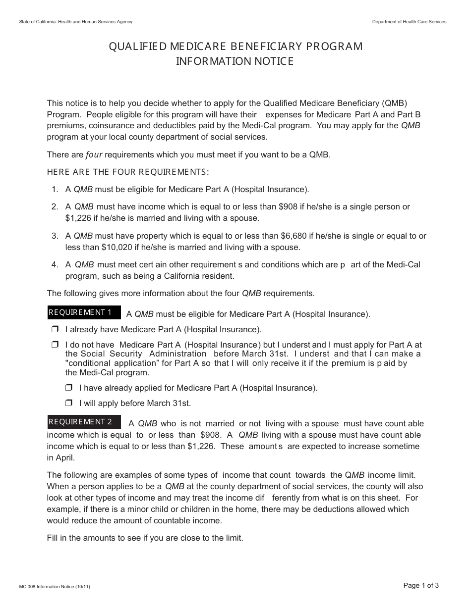 Form MC008 Qualified Medicare Beneficiary Program Information Notice - California, Page 1