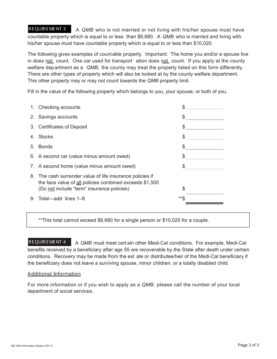 Form MC008 Qualified Medicare Beneficiary Program Information Notice - California, Page 3