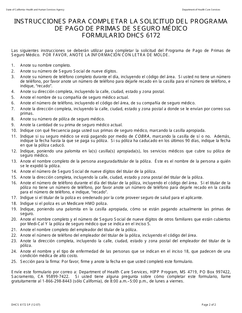 Formulario DHCS6172 Solicitud Para El Programa De Pago De Primas De Seguro Medico - California (Spanish), Page 2