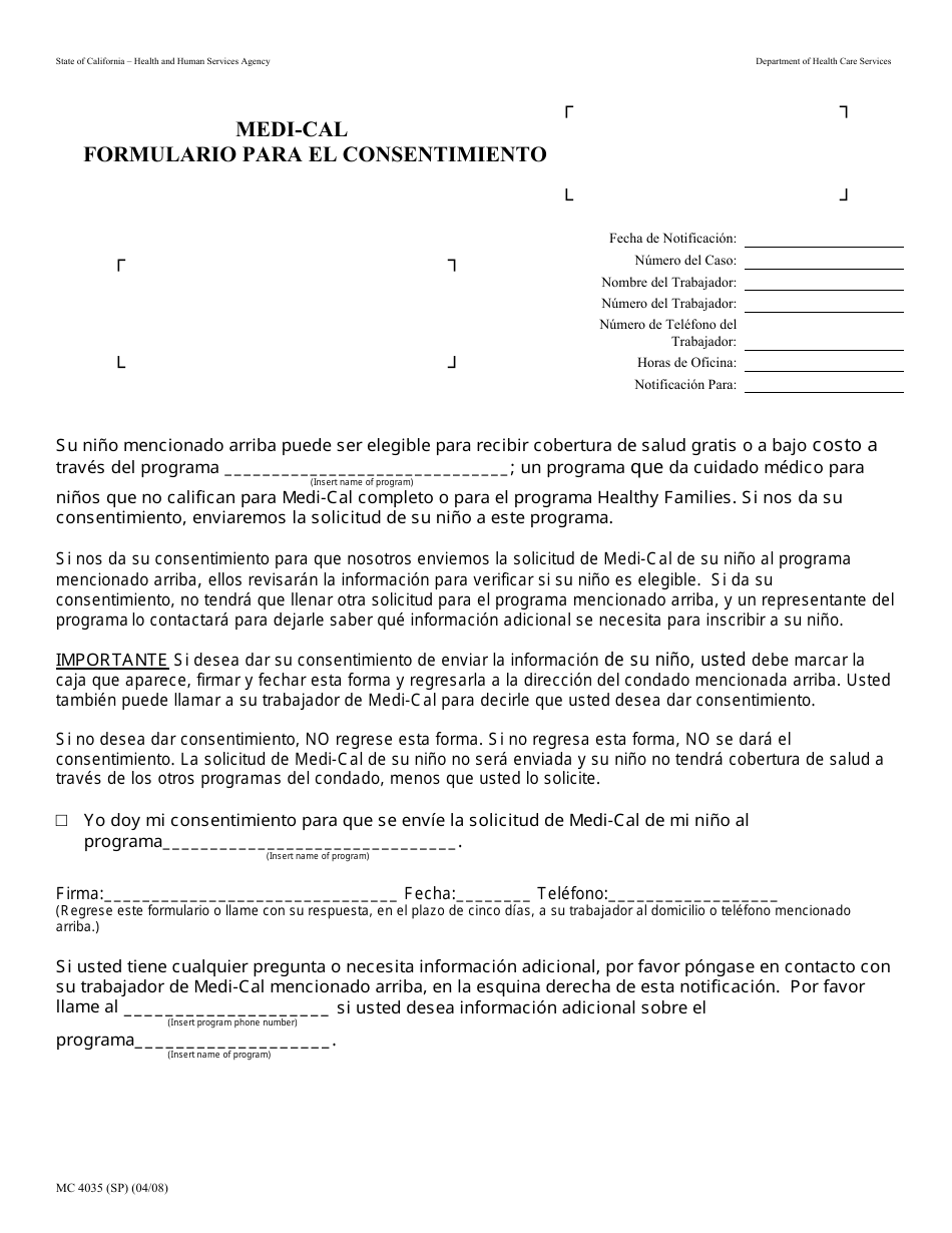 Formulario MC4035 Medi-Cal Formulario Para El Consentimiento - California (Spanish), Page 1