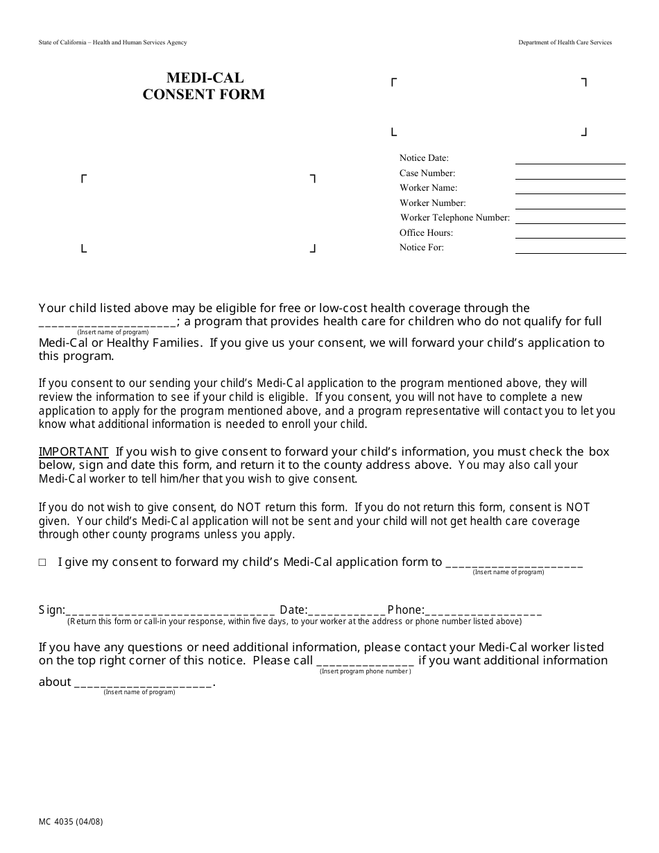 Form MC4035 Medi-Cal Consent Form - California, Page 1