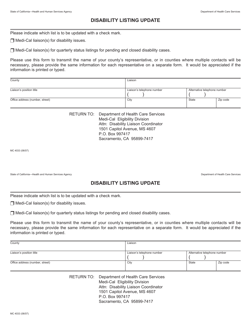 Form MC4033 Disability Listing Update - California, Page 1