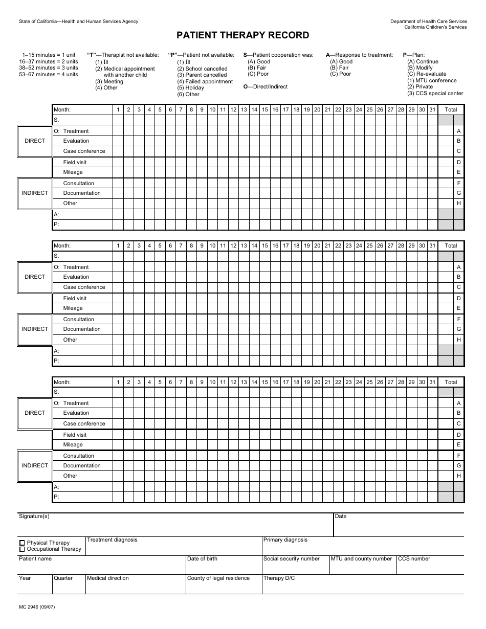 Form MC2946 Patient Therapy Record - California, Page 1
