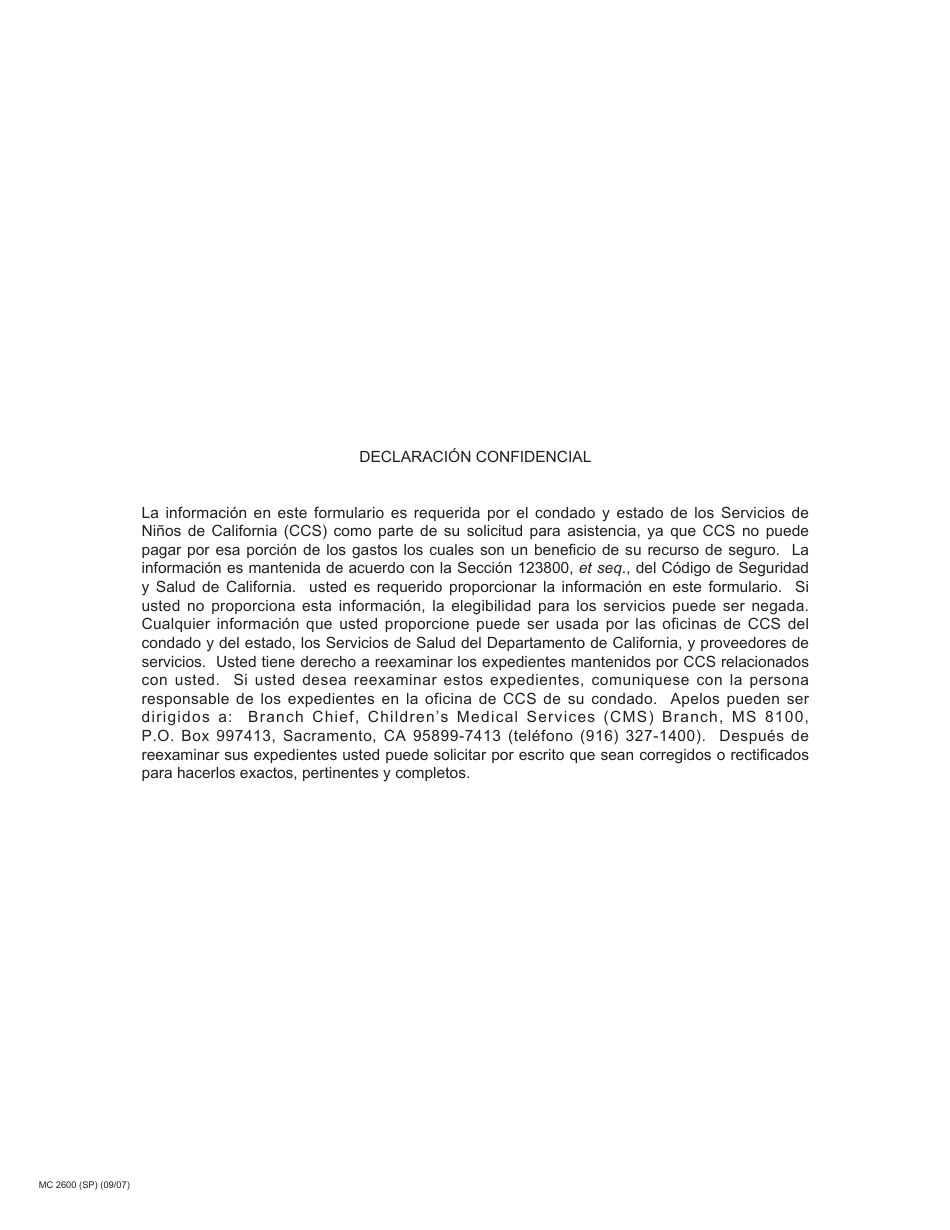 Formulario MC2600 Informacion De Seguro De Salud - California (Spanish), Page 2