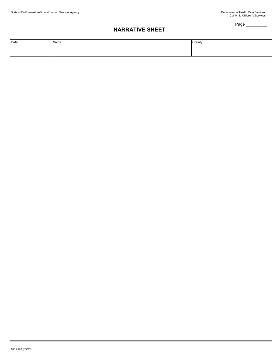 Form MC2320 Narrative Sheet - California, Page 1