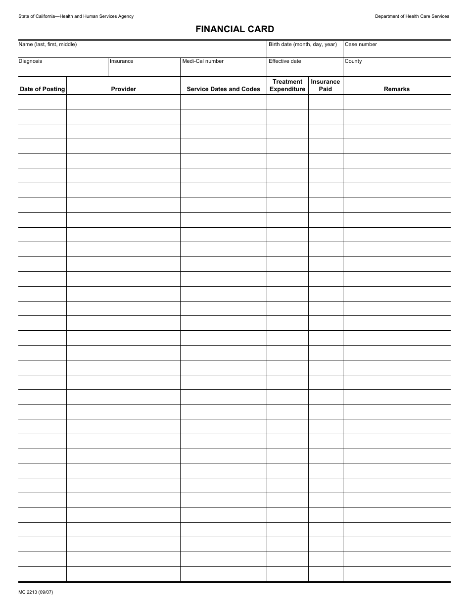 Form MC2213 Financial Card - California, Page 1