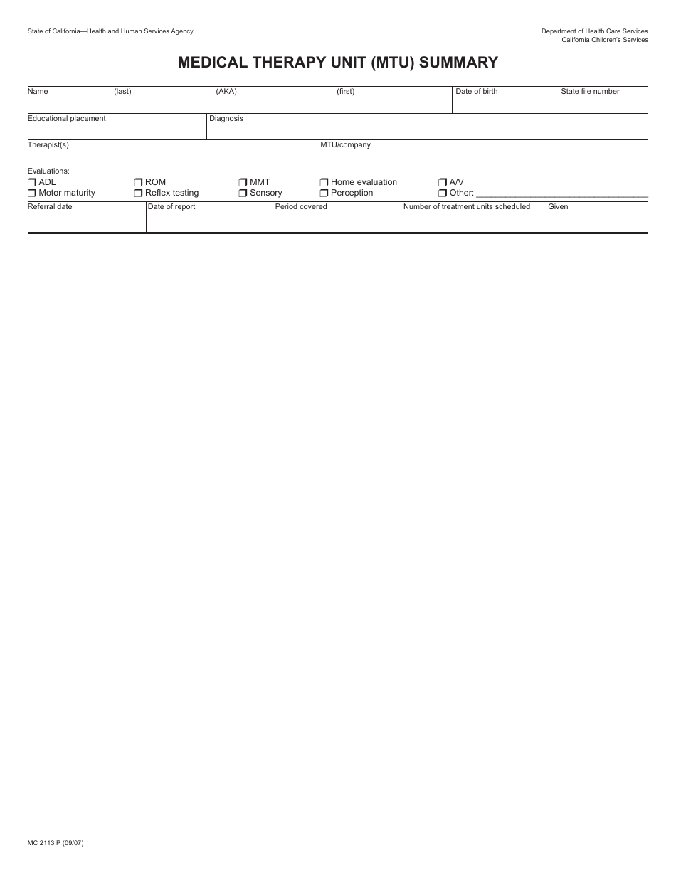 Form MC2113 P Medical Therapy Unit (Mtu) Summary - California, Page 1