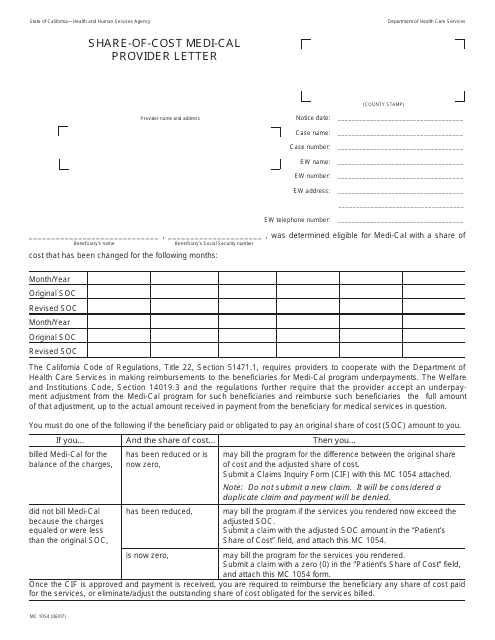 Form MC1054 Share-Of-Cost Medi-Cal Provider Letter - California