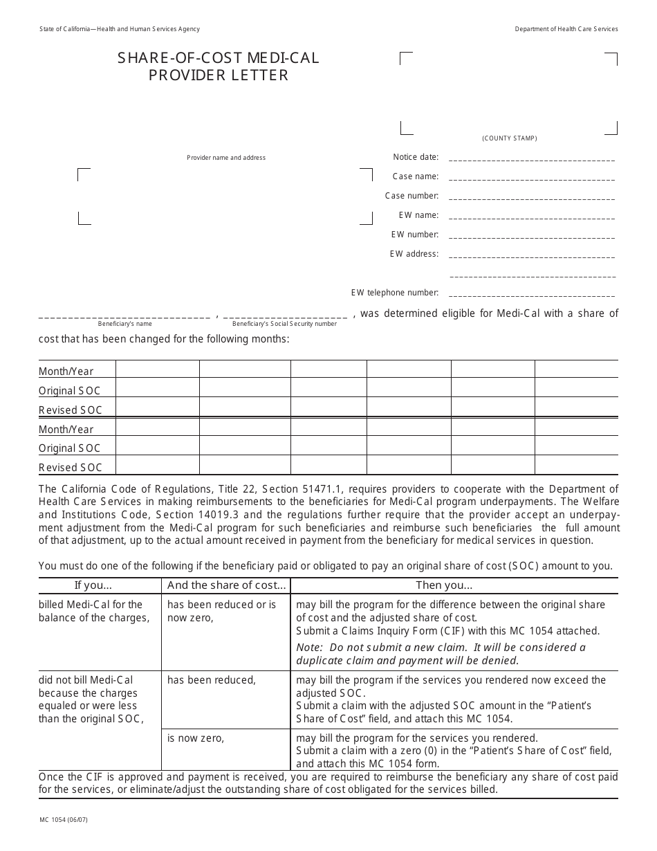 Form MC1054 Share-Of-Cost Medi-Cal Provider Letter - California, Page 1