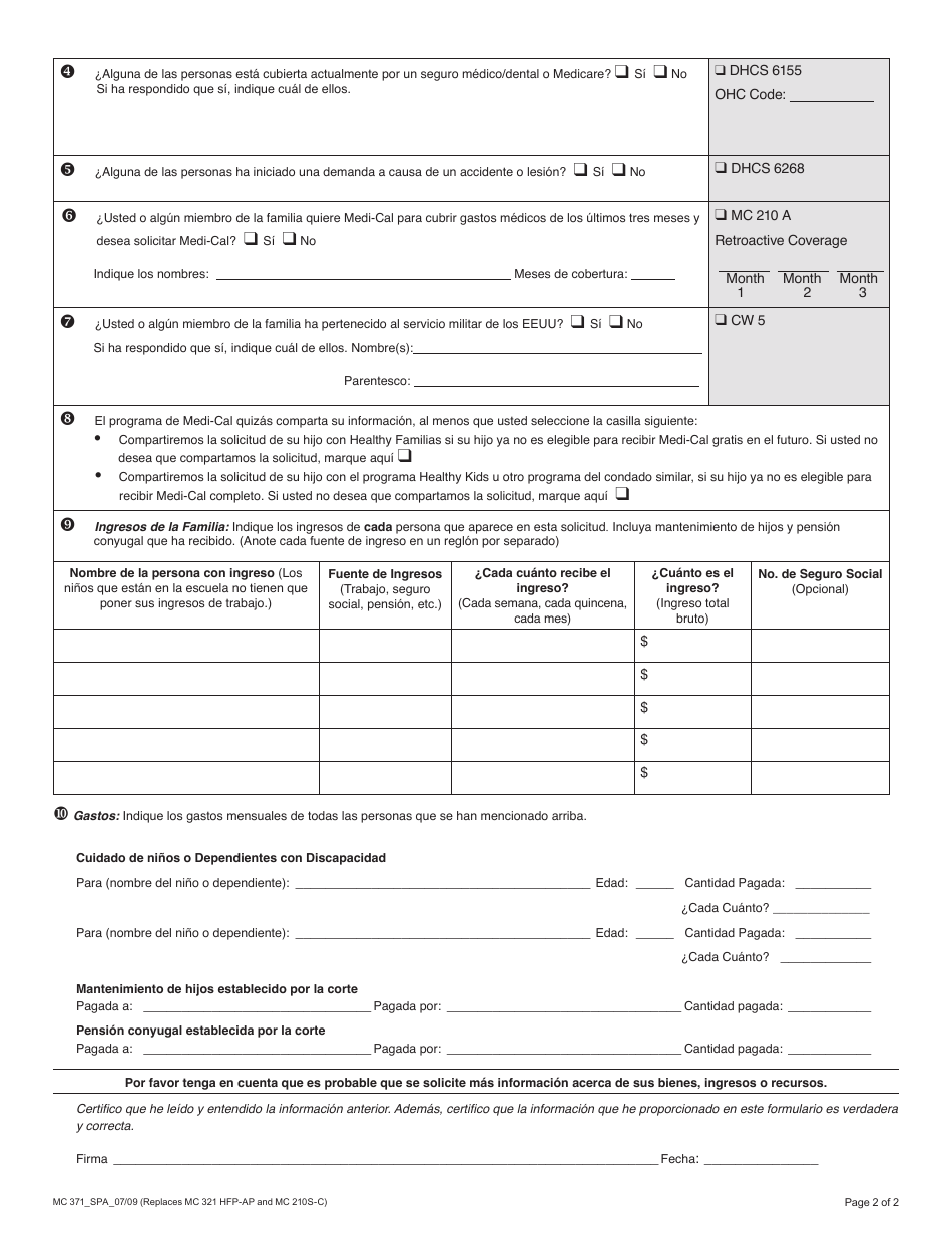 Formulario MC371 Miembros Adicionales De La Familia Que Solicitan Medi-Cal - California (Spanish), Page 2